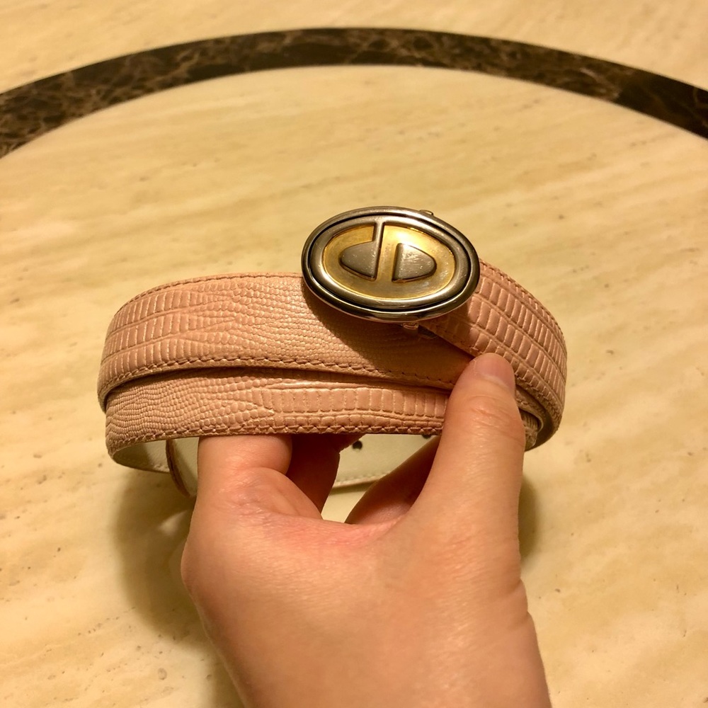 Auth CHRISTIAN DIOR Pink Lizard Vintage CD Logo Belt Size M/L